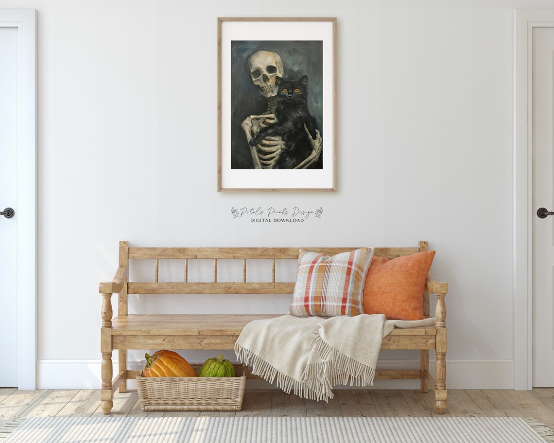 Skeleton And Black Cat Companions Gothic Halloween Painting Poster - Image 3