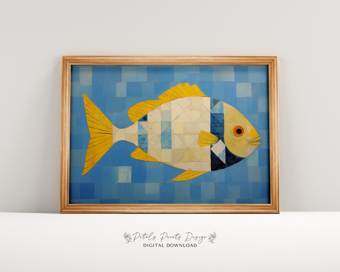 Modern Yellow Blue Geometric Mosaic Fish Tile Coastal Art Poster