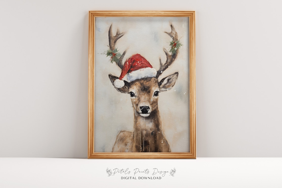 Christmas Reindeer Still Life, Rustic Holiday Art Print