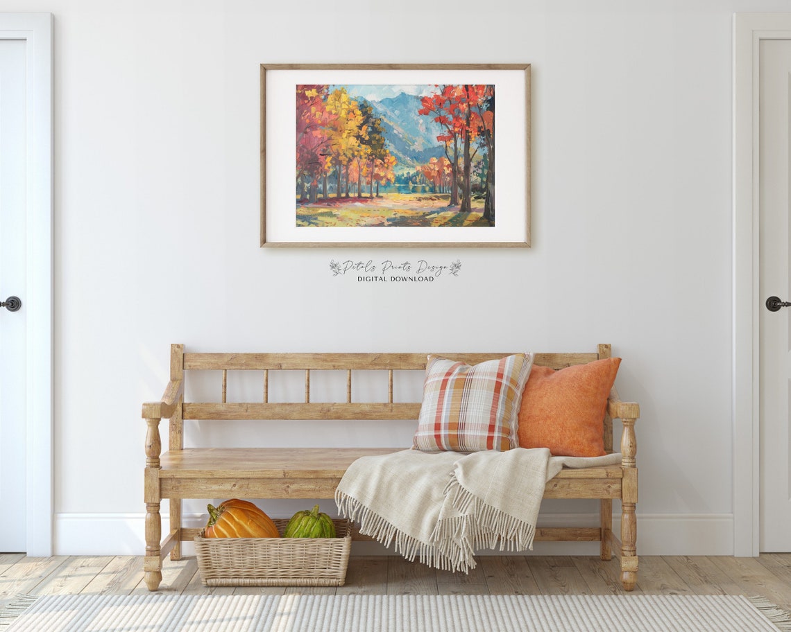 Colorful Autumn Lakeside Landscape Oil Painting Fall Trees Art Print - Image 3