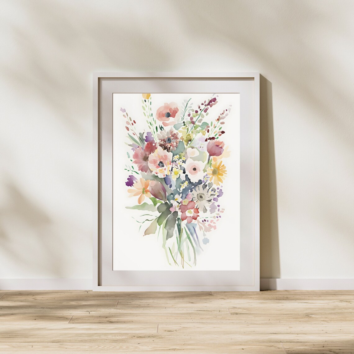 Watercolor Wildflower Bouquet Pastel Anemone Daisy Floral Wall Art