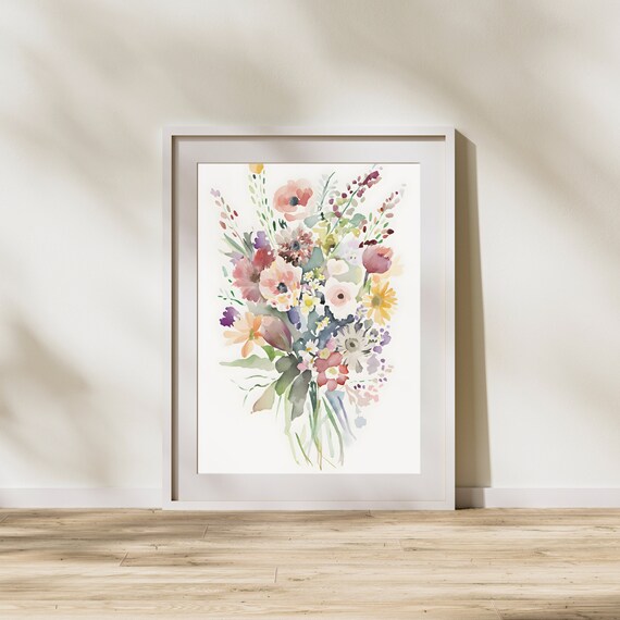 Watercolor Wildflower Bouquet Pastel Anemone Daisy Floral Wall Art