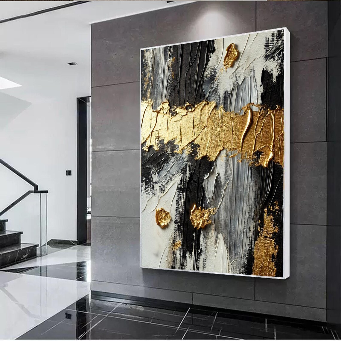 Black And Gold Abstract Textured Wall Art Print - Image 2