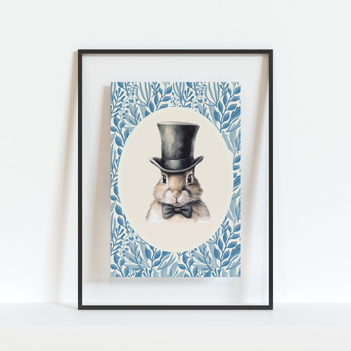 Rabbit with Top Hat and Bow Tie Watercolor Blue Floral Border Art Poster - Image 4