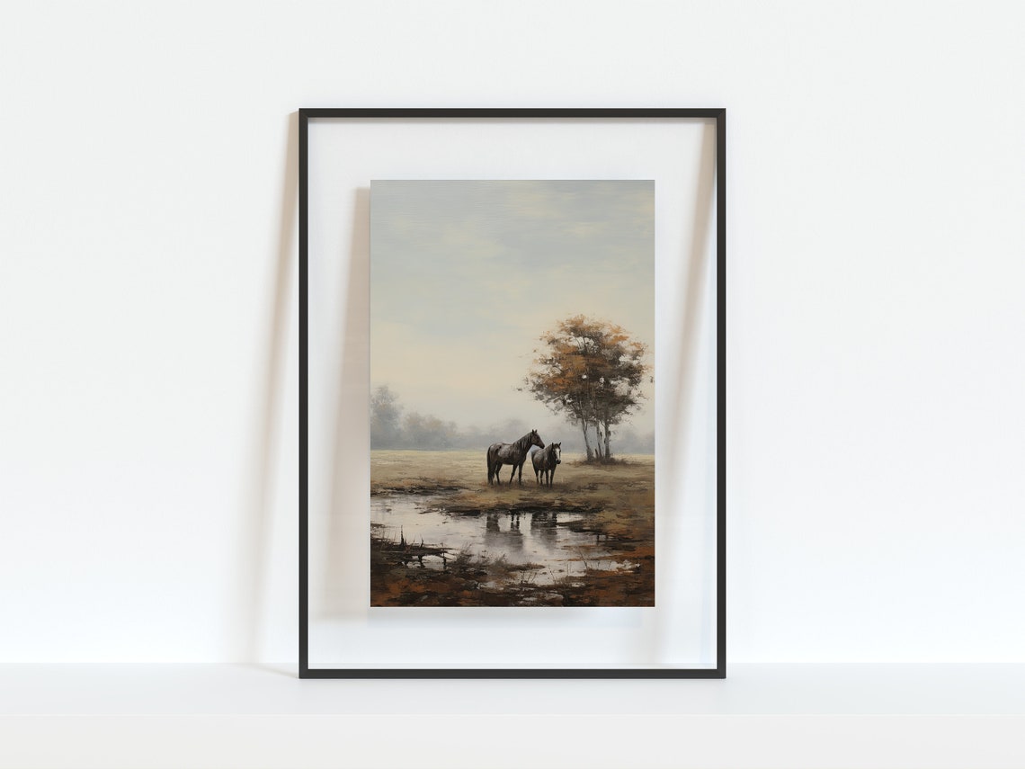 Horses in Misty Autumn Pasture Reflective Pond Moody Landscape Poster - Image 2