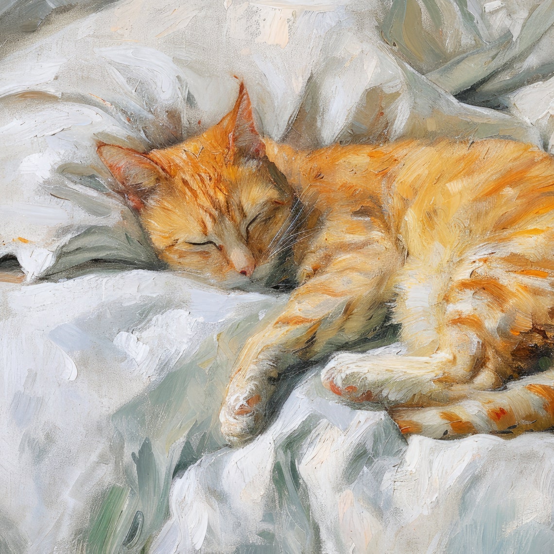 Ginger Tabby Cat Sleeping On White Bedding Vintage Oil Painting Poster - Image 4
