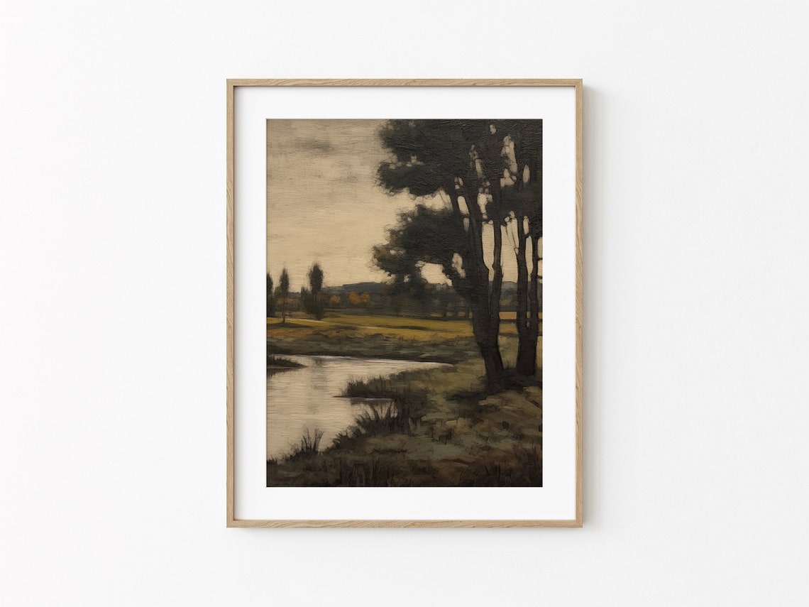 Dark Moody River Tall Trees Reflective Vintage Tonal Landscape Poster - Image 3
