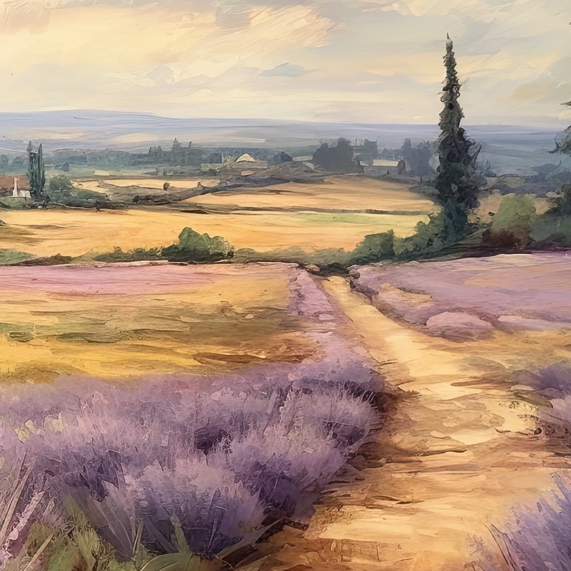 Lavender Field With Dirt Path Under Golden Sunset Sky Travel Poster - Image 3