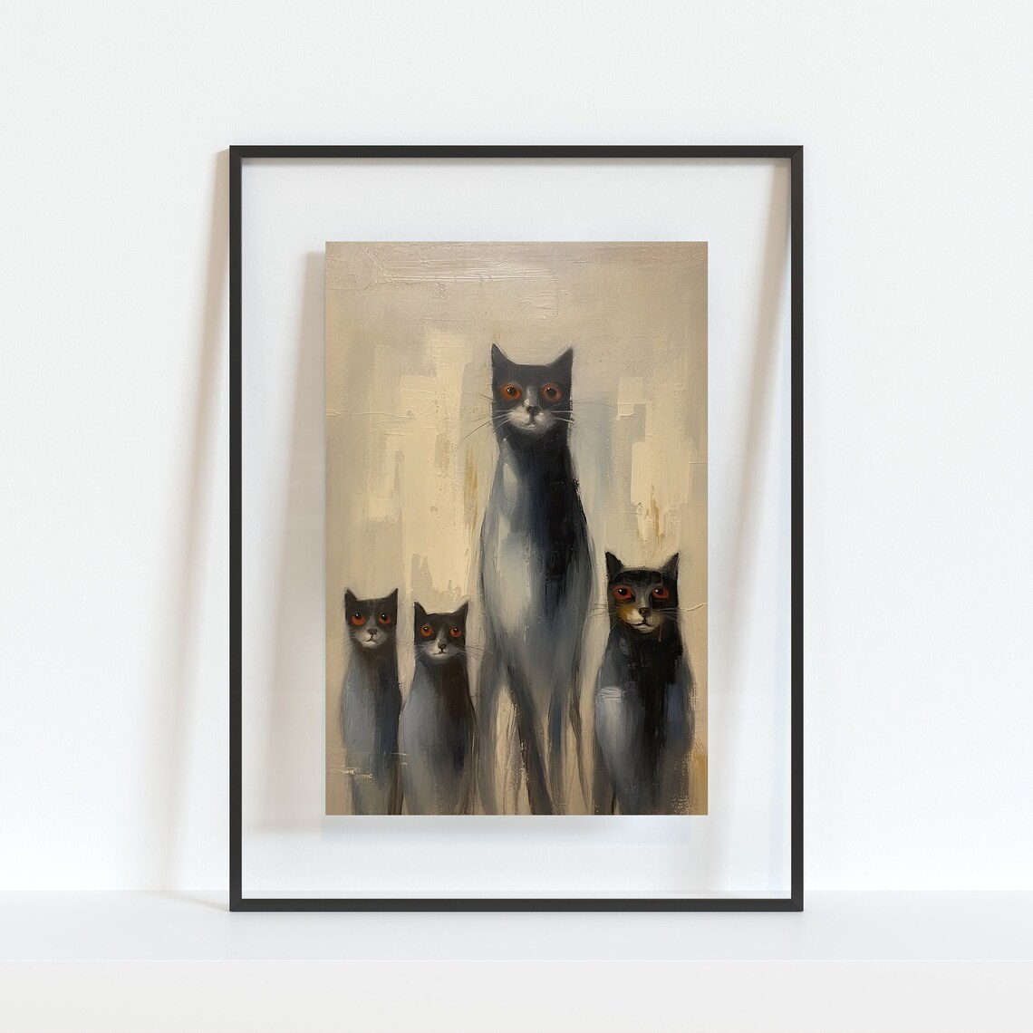 Four Black Cats with Amber Eyes Moody Minimalist Oil Painting Cat Poster - Image 3