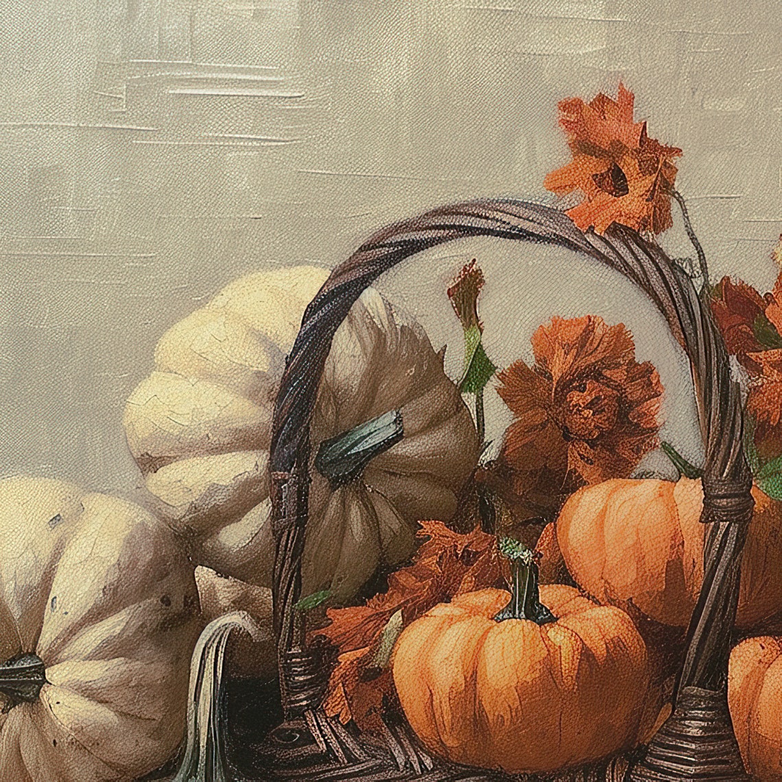 Pumpkin Basket Harvest Still Life Autumn Flowers Vintage Poster - Image 3
