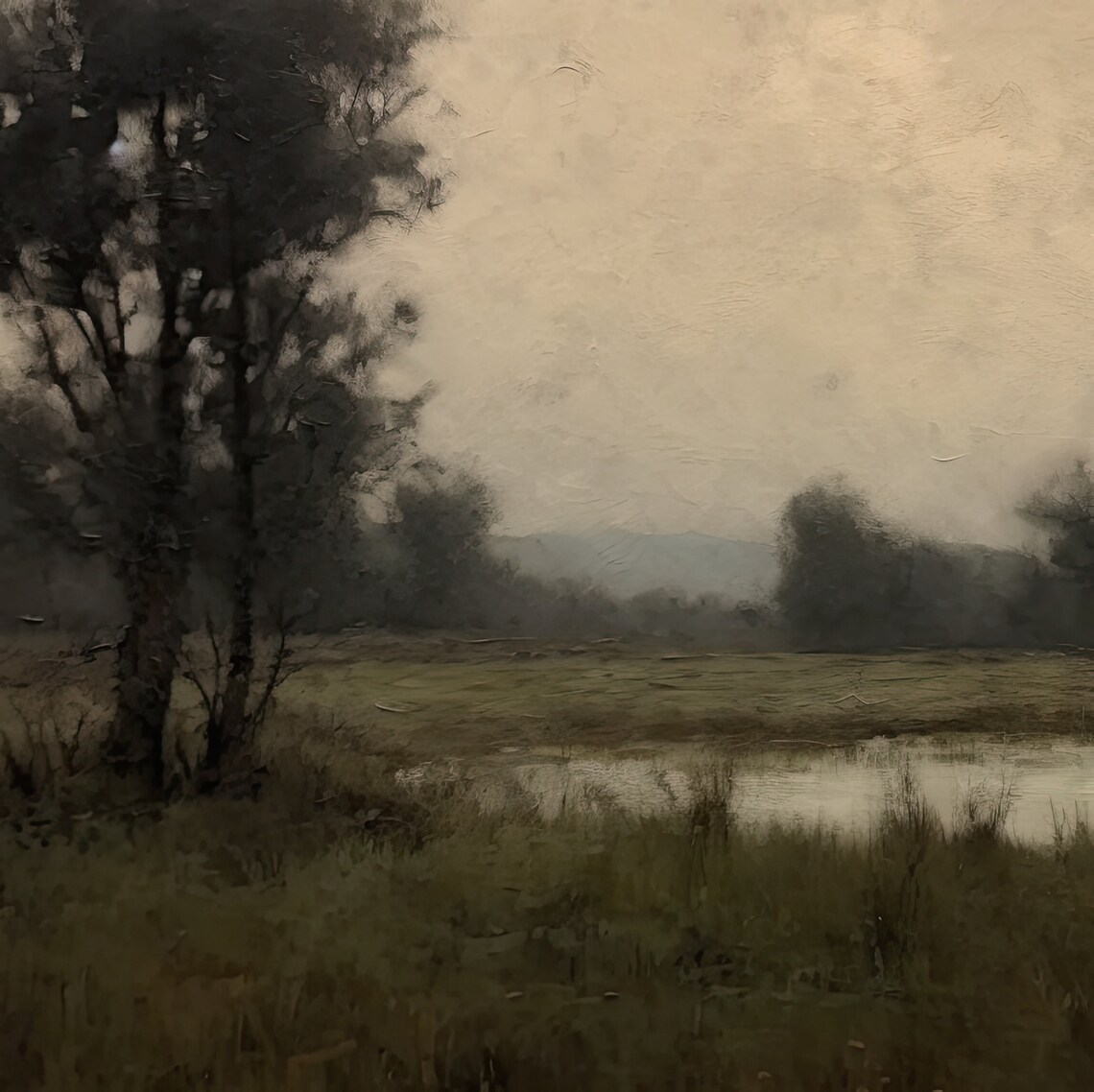 Moody Green Field Pond Reflective Vintage Tonal Countryside Poster - Image 3
