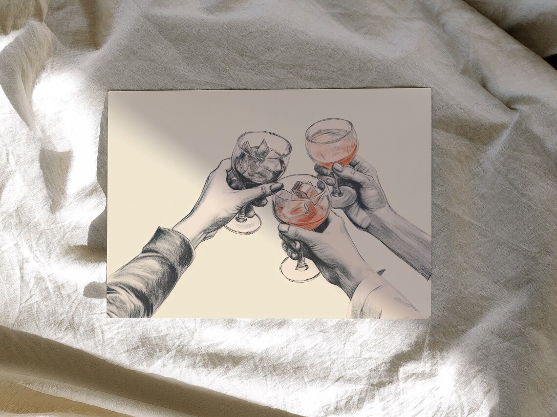 Cheers Cocktail Toast Friends Sketch Minimal Bar Cart Decor Print - Image 2