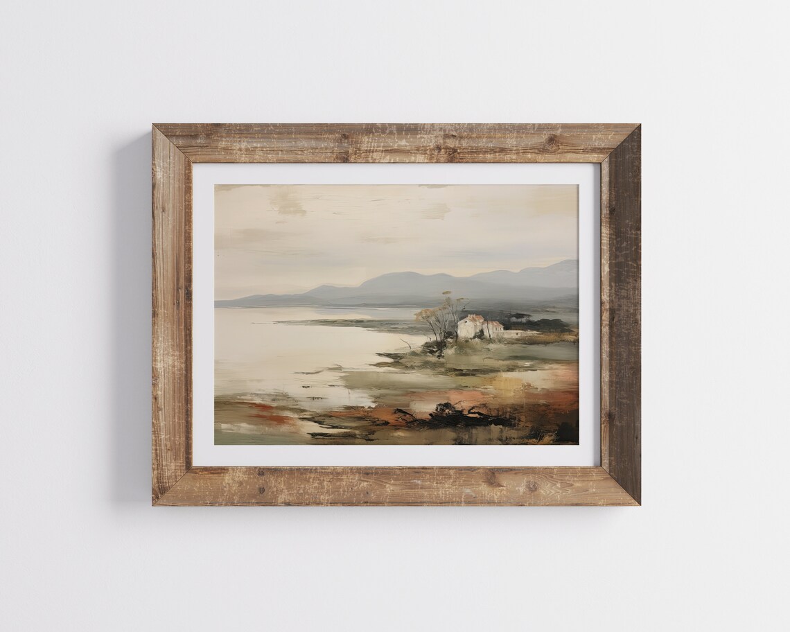 Muted Coastal Landscape Soft Tonal Lakeside Houses Vintage Poster - Image 2