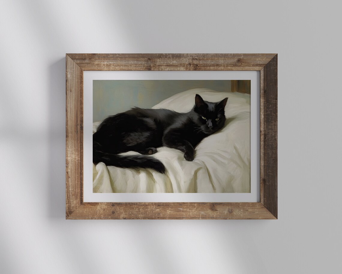 Black Cat Resting On White Bedding Vintage Oil Painting Feline Decor Poster - Image 2