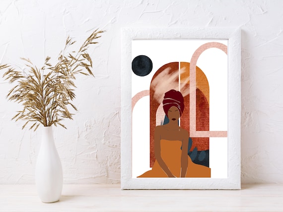 Red Headwrap Woman Sitting Arched Window Abstract Art Poster