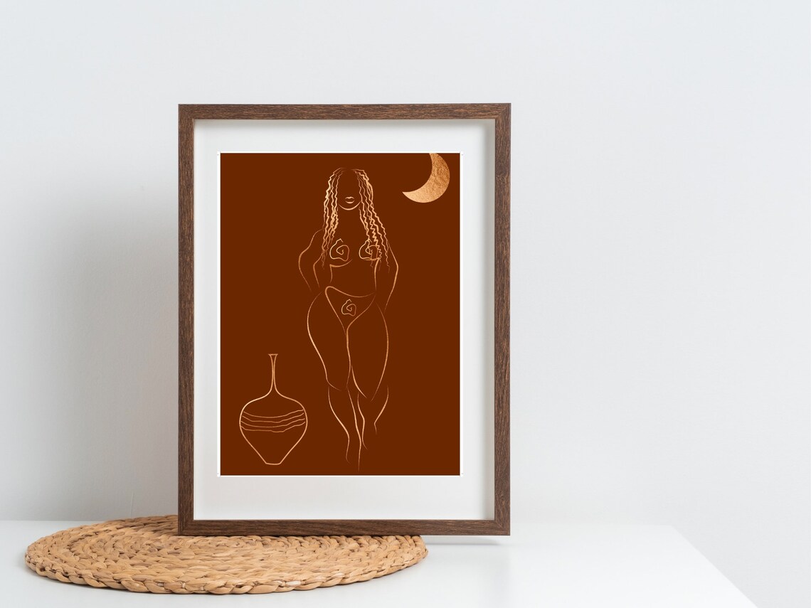 Boho Black Woman Line Art Terracotta Female Figure Moon Poster