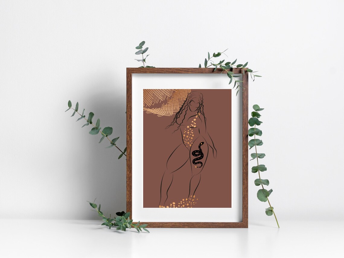 Terracotta Line Art Woman Snake Gold Abstract Minimalist Boho Print - Image 4