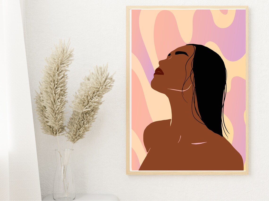 Dreamy Woman Looking Up Pastel Pink Waves Minimalist Art Poster - Image 4