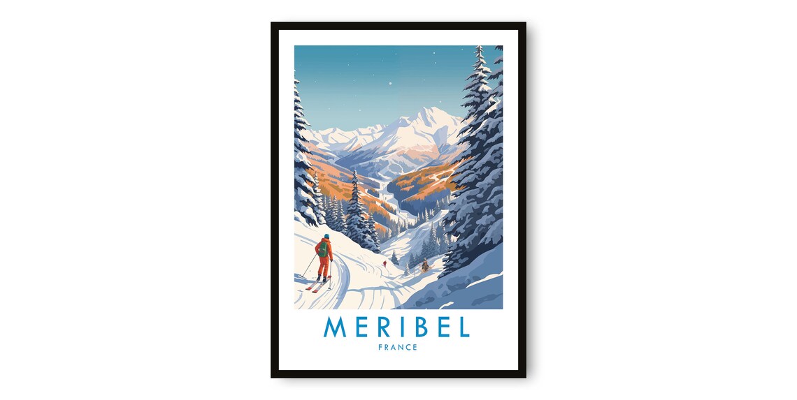Meribel France Alpine Ski Travel Poster Golden Mountain View