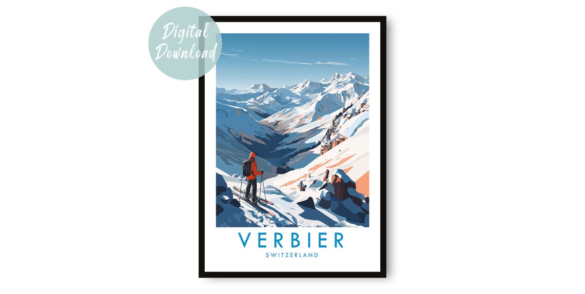 Verbier Switzerland Skier Overlooking Alpine Peak Retro Ski Poster