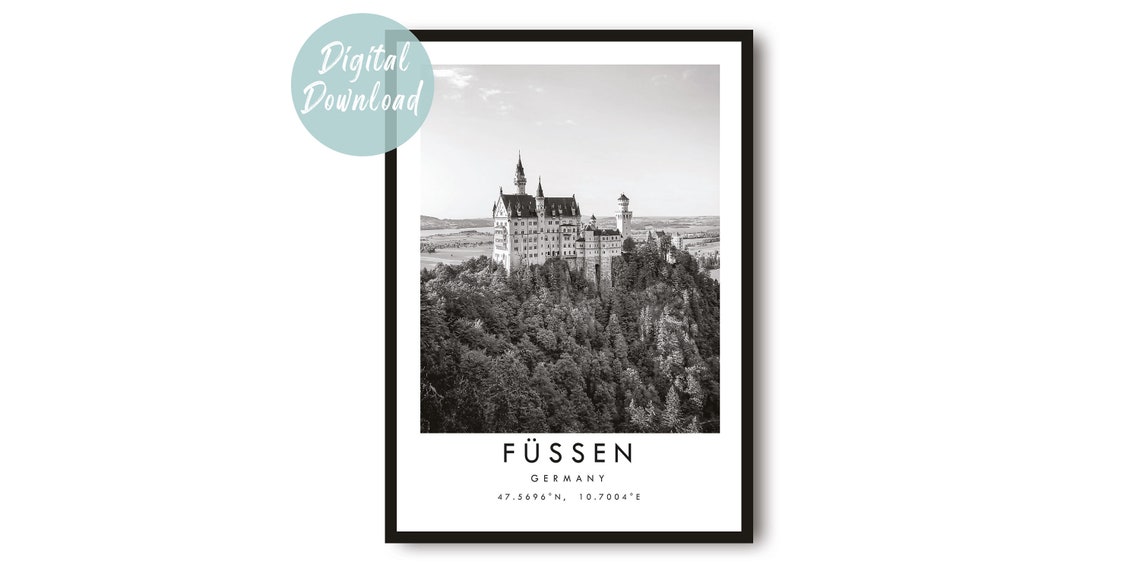 Füssen Germany Neuschwanstein Castle Black and White Photo Print