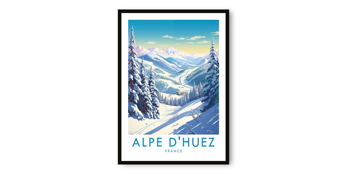 Alpe d'Huez France Vintage Ski Resort Mountain Illustration Poster