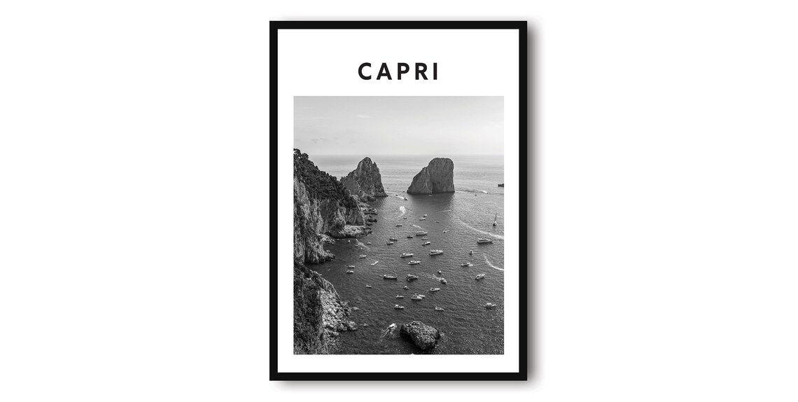 Capri Italy Minimalist Black and White Photo Poster Faraglioni Rocks