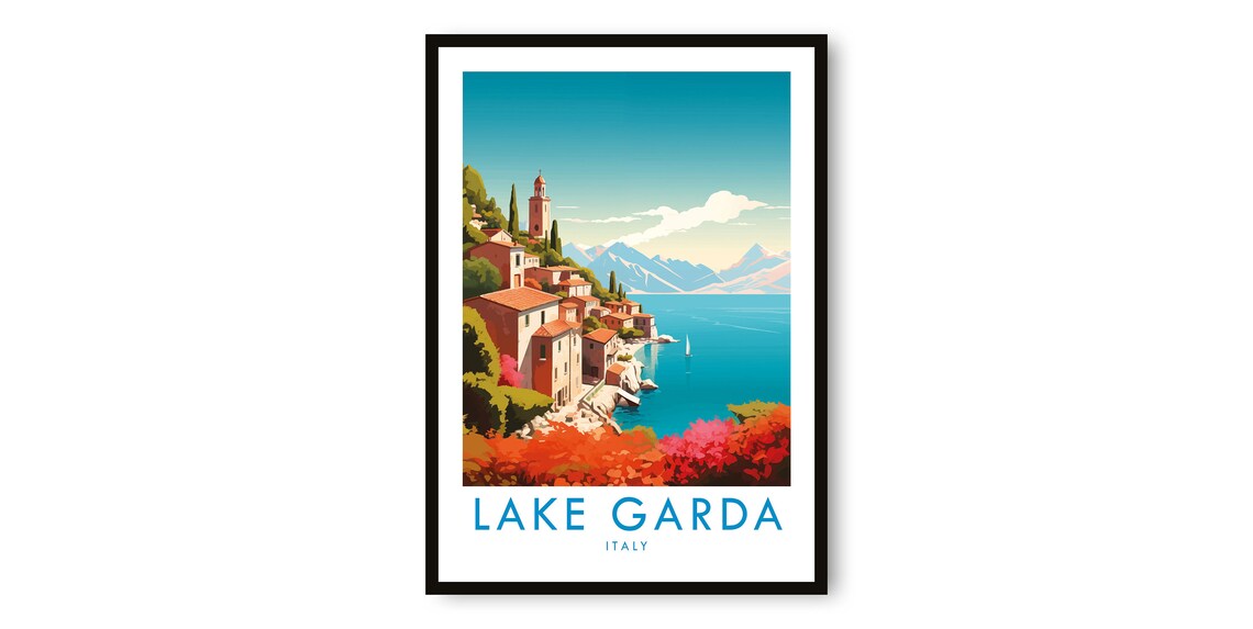 Lake Garda Italy Travel Poster Lakeside Village Church Tower View