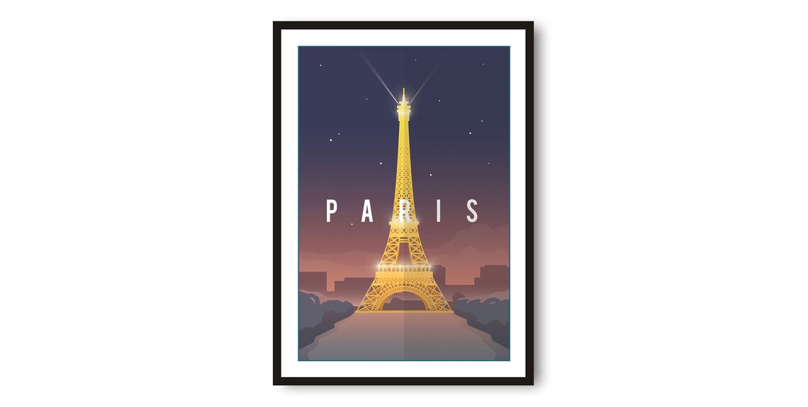 Paris France Golden Eiffel Tower Starry Night Skyline Travel Poster