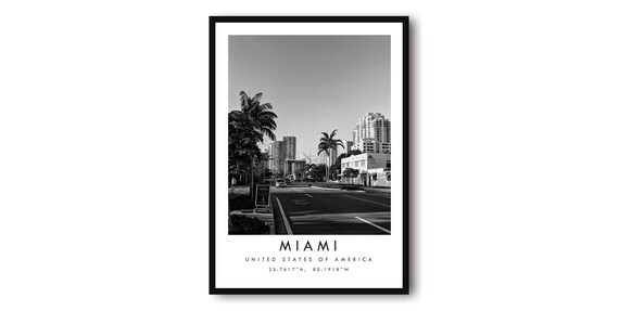 Miami Minimalist Black White City Travel Poster