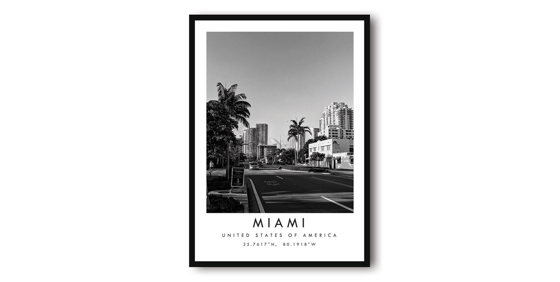 Miami Minimalist Black White City Travel Poster