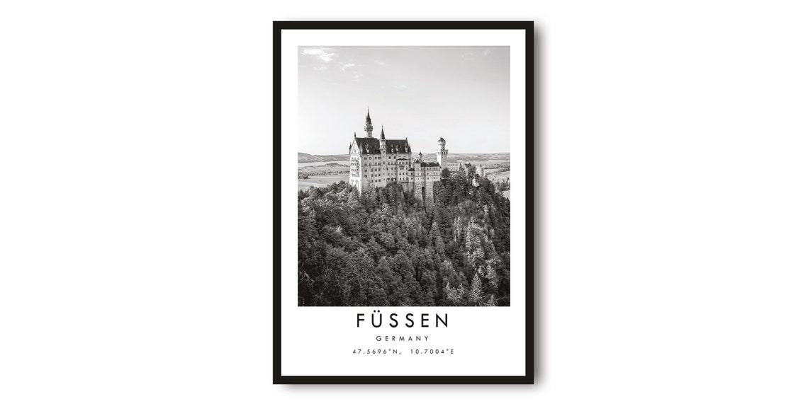 Fussen Germany Neuschwanstein Castle Black and White Poster Travel