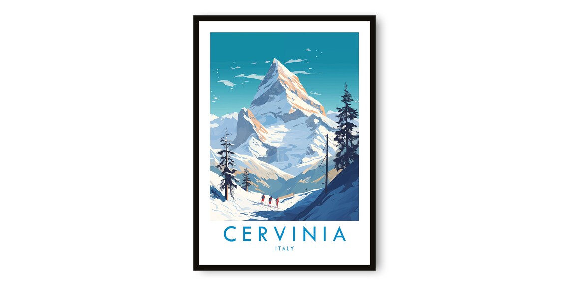 Cervinia Italy Ski Resort Poster with Matterhorn Style Alpine Peak