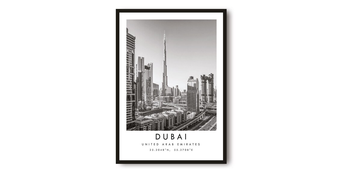 Dubai Travel Print, Minimalist Black And White Art Print