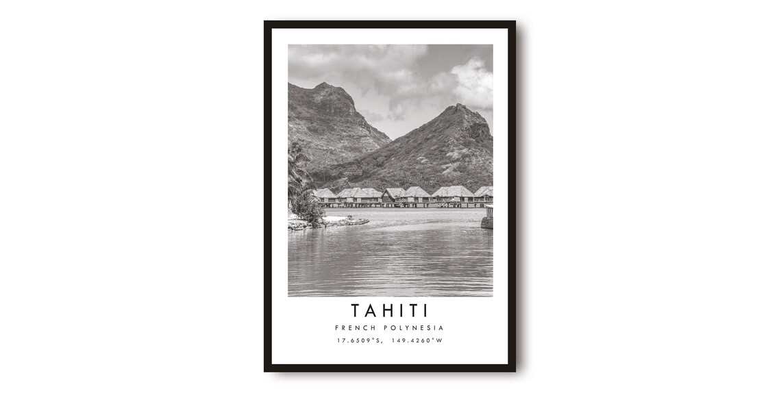 Tahiti French Polynesia Overwater Bungalows Black and White Poster
