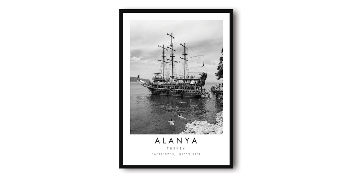 Alanya Turkey Black and White Travel Poster