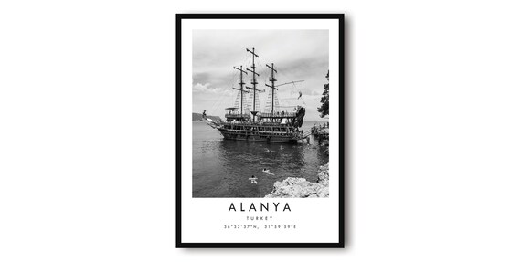 Alanya Turkey Black and White Travel Poster
