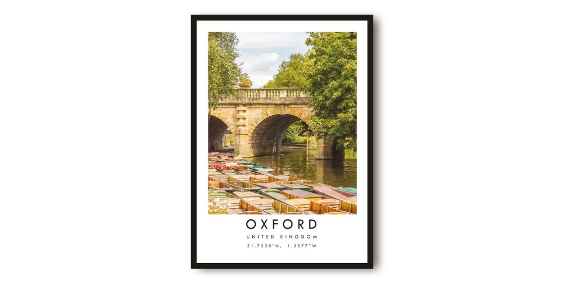 Oxford England Poster with Stone Bridge and Punts Photo Coordinates