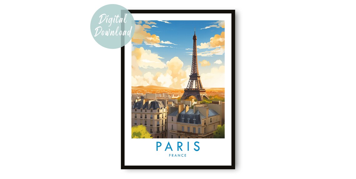 Paris Eiffel Tower Golden Sunset Cityscape France Travel Poster