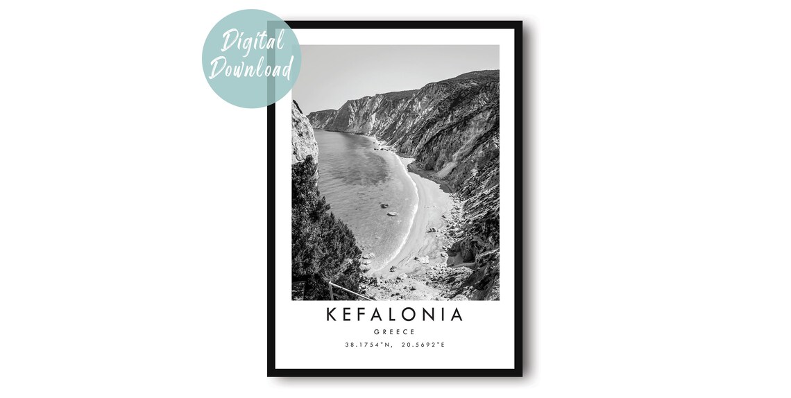 Kefalonia Greece Hidden Cove Beach Cliffs Monochrome Travel Poster
