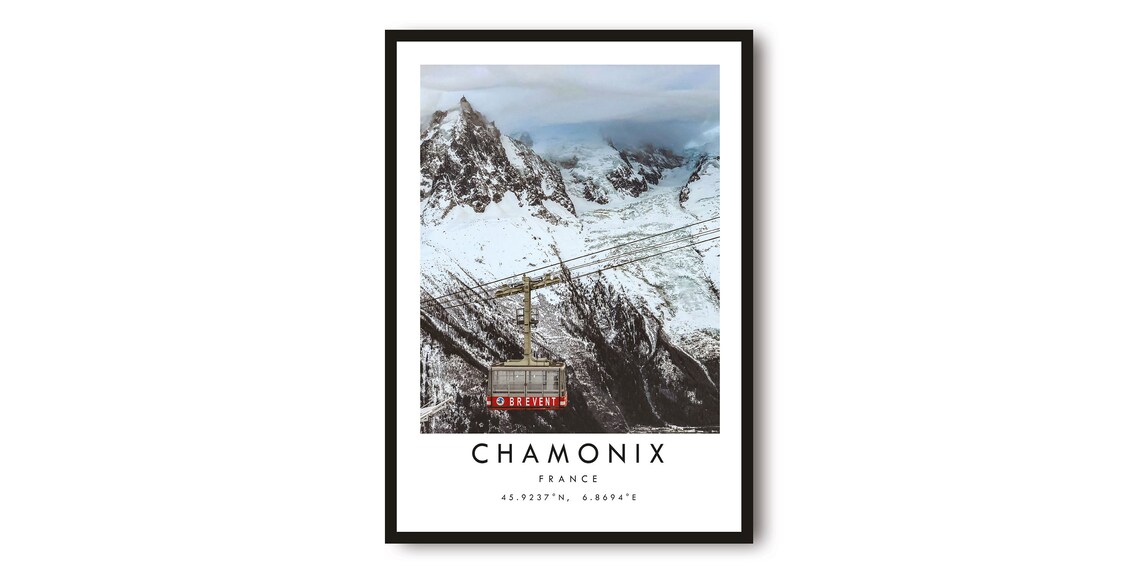 Chamonix France Snowy Peaks Cable Car Minimalist Travel Print