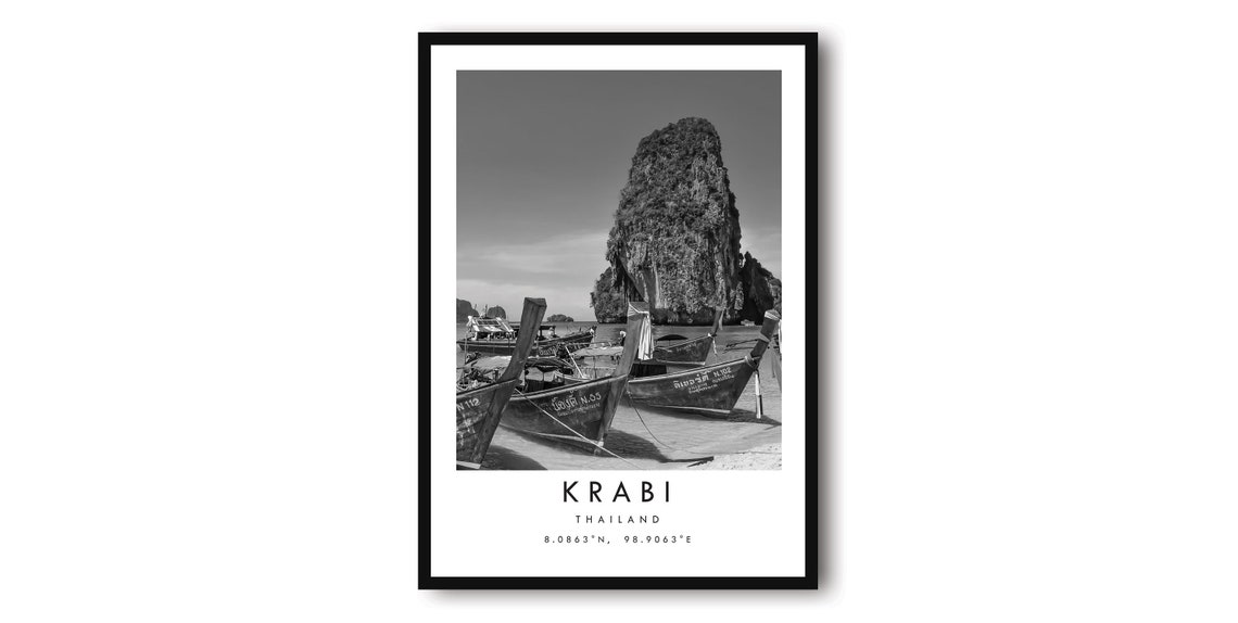 Krabi Thailand Longtail Boats Limestone Cliffs Monochrome Poster
