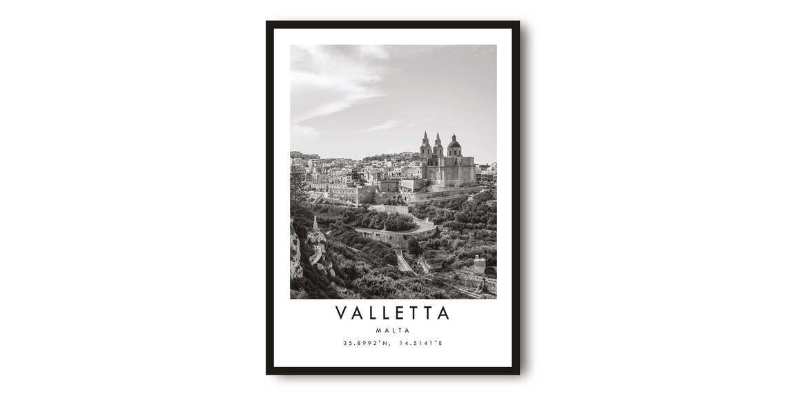 Valletta Malta Black and White Travel Poster Minimalist City Photo Art