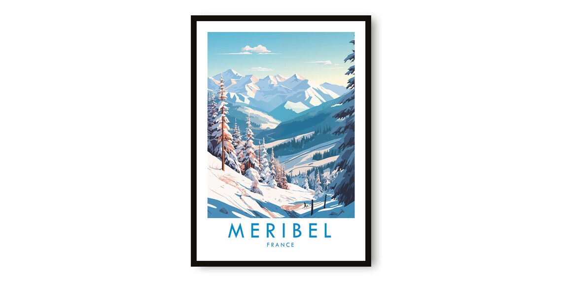 Meribel France Vintage Ski Resort Mountain Illustration Travel Poster