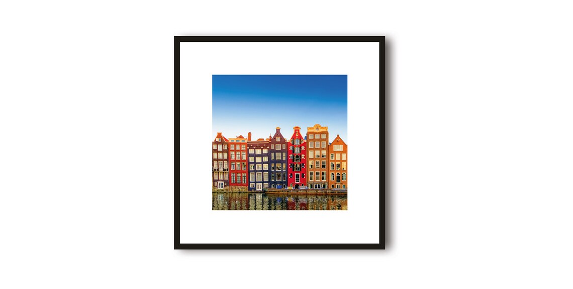 Colorful Canal Houses Along a Sunlit Amsterdam Canal Photo Poster