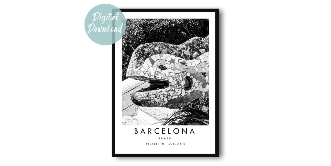 Barcelona Gaudi Park Guell Mosaic Lizard Black And White Poster
