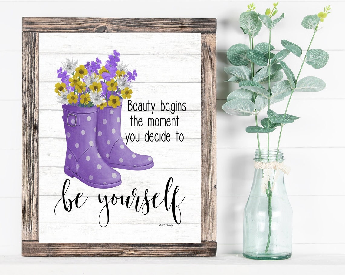 Purple Polka Dot Rain Boots With Flowers Coco Chanel Quote Poster