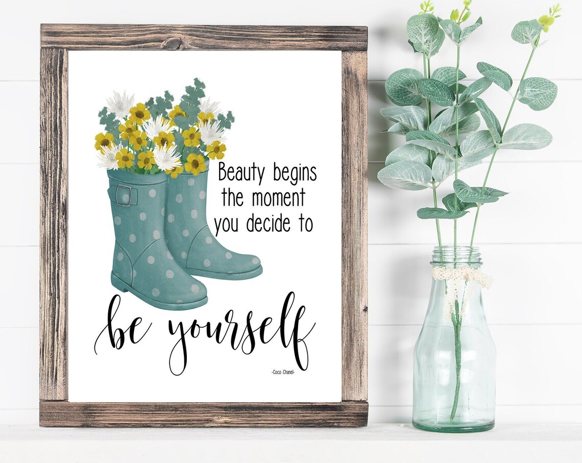 Be Yourself Quote Poster With Teal Rain Boots And Yellow Flowers