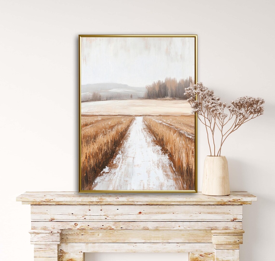 Snowy Path Through Golden Wheat Field Misty Minimalist Winter Landscape Print - Image 6