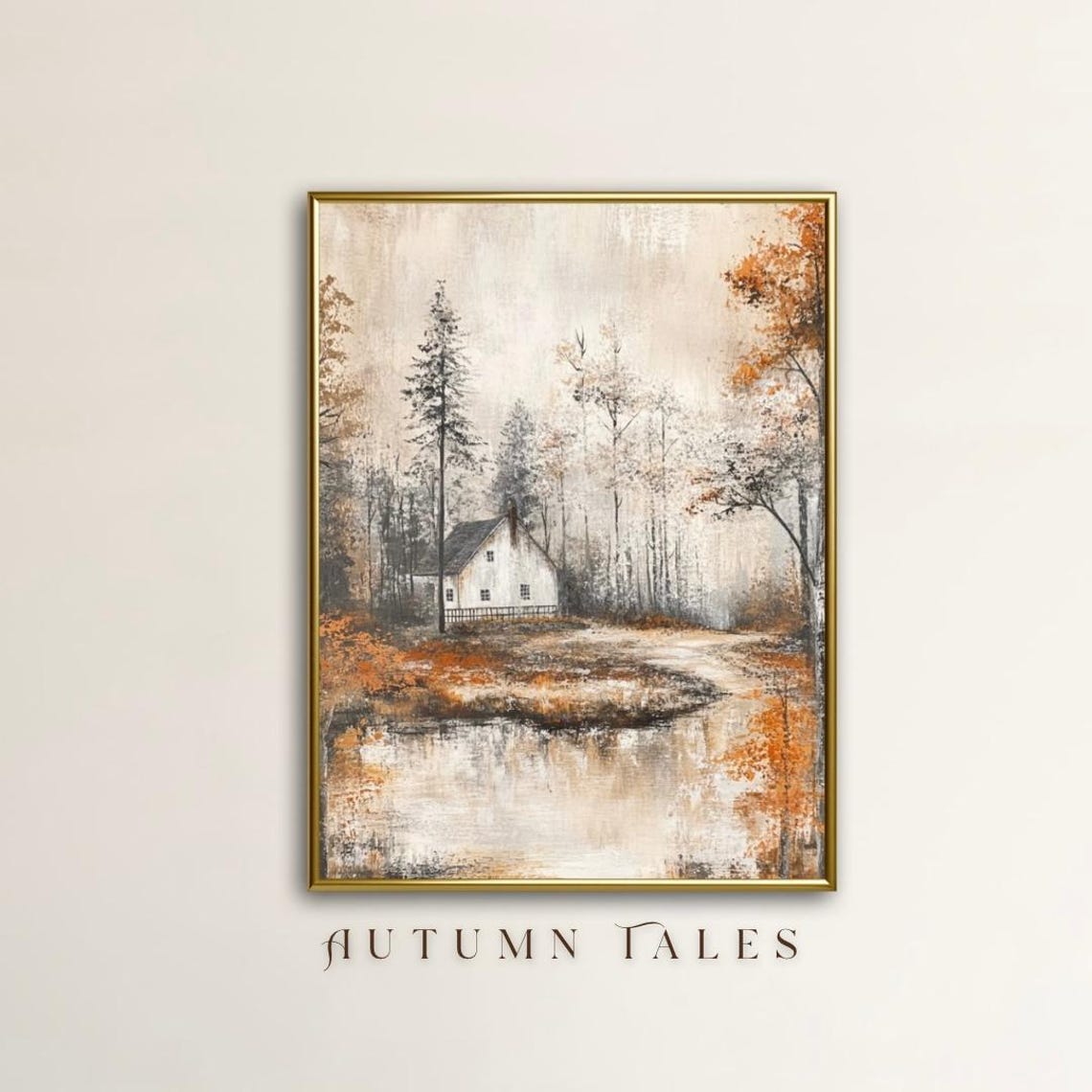 Tranquil Lakeside Autumn Cottage With Golden Reflection Art Print